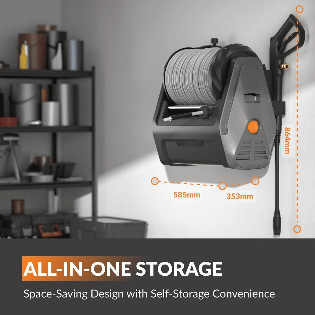 Retractable Pressure Washer Plus Wall-Mounted Power Cleaning System with Auto-Retracting Hose