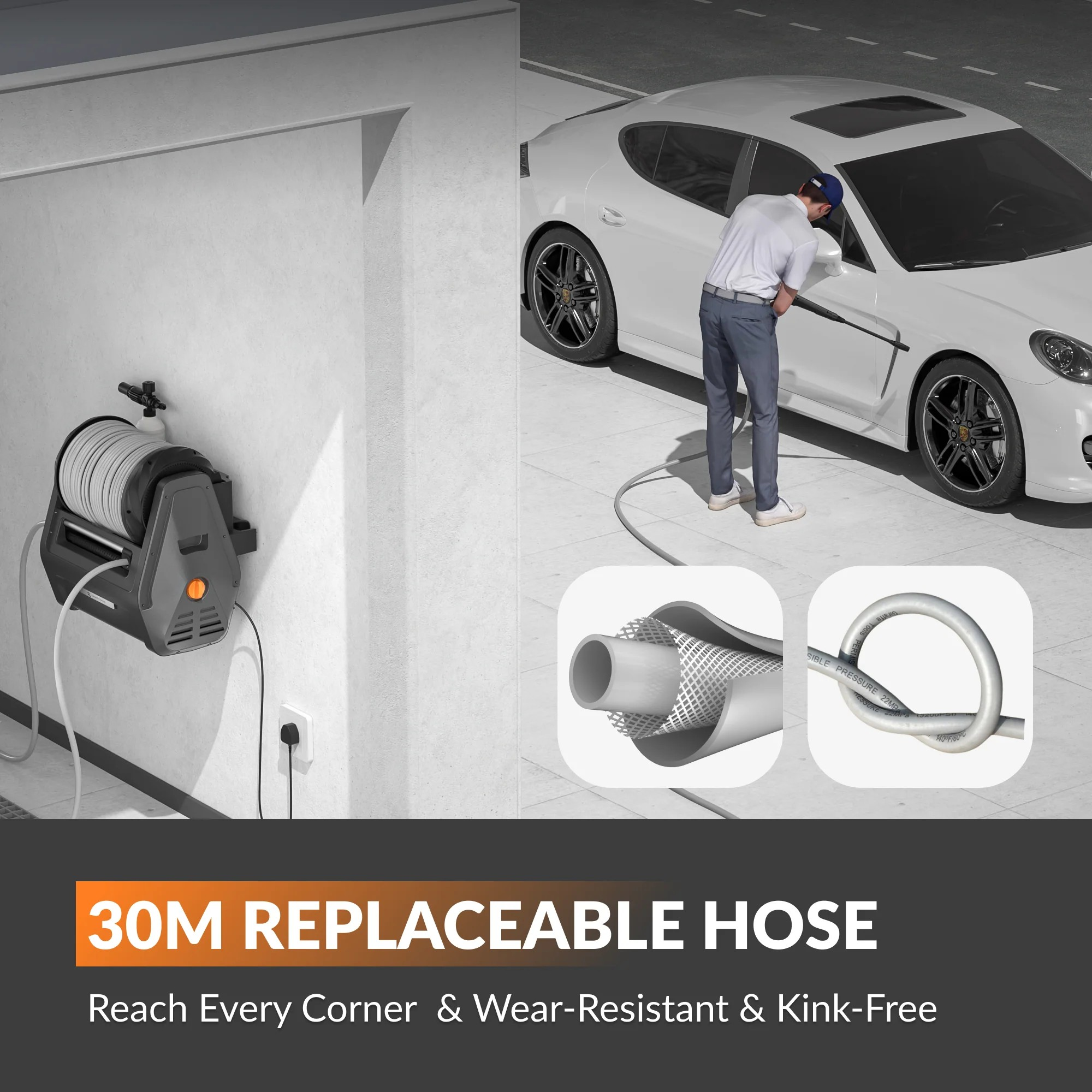 Retractable Pressure Washer Plus Wall-Mounted Power Cleaning System with Auto-Retracting Hose