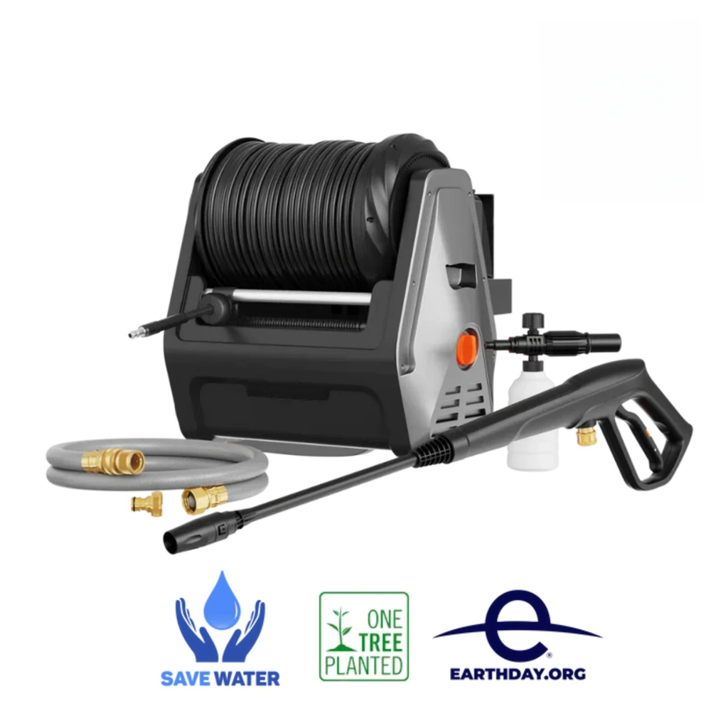 Retractable Pressure Washer Plus Wall-Mounted Power Cleaning System with Auto-Retracting Hose