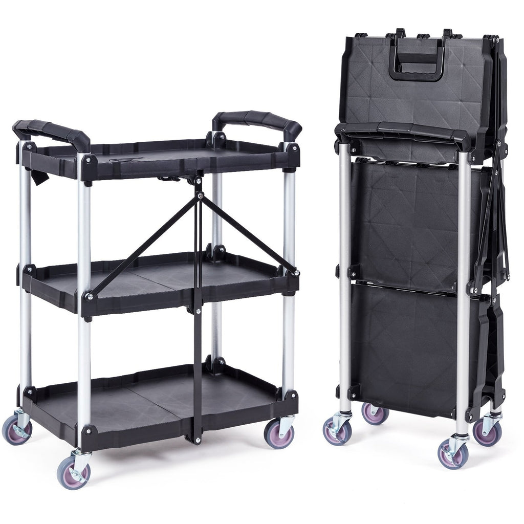 3-Tier Folding Utility Cart – Heavy Duty Rolling Service Cart (165 lbs Capacity)