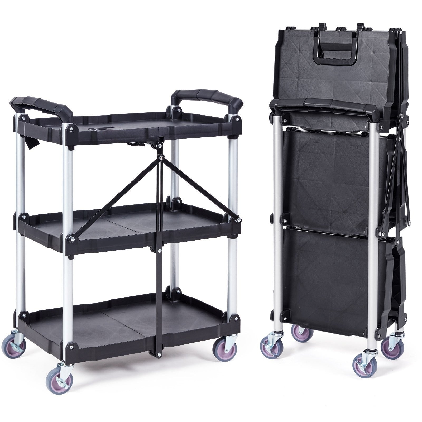3-Tier Folding Utility Cart – Heavy Duty Rolling Service Cart (165 lbs Capacity)