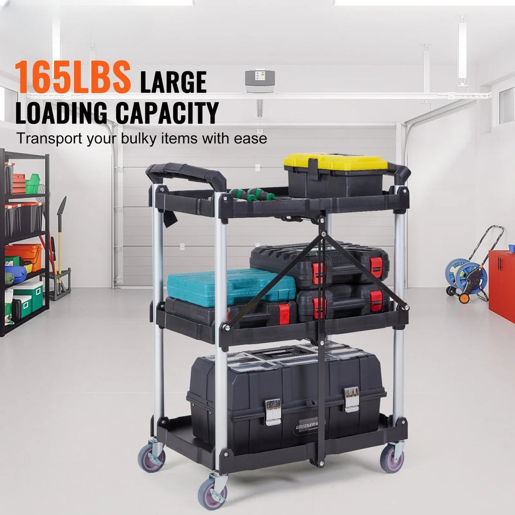 3-Tier Folding Utility Cart – Heavy Duty Rolling Service Cart (165 lbs Capacity)