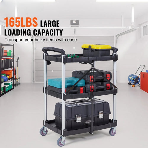 3-Tier Folding Utility Cart – Heavy Duty Rolling Service Cart (165 lbs Capacity)