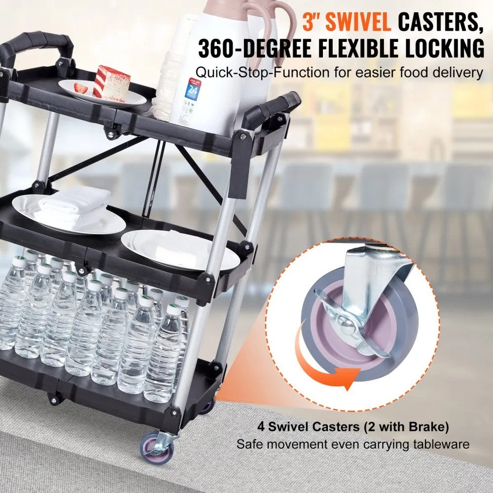 3-Tier Folding Utility Cart – Heavy Duty Rolling Service Cart (165 lbs Capacity)