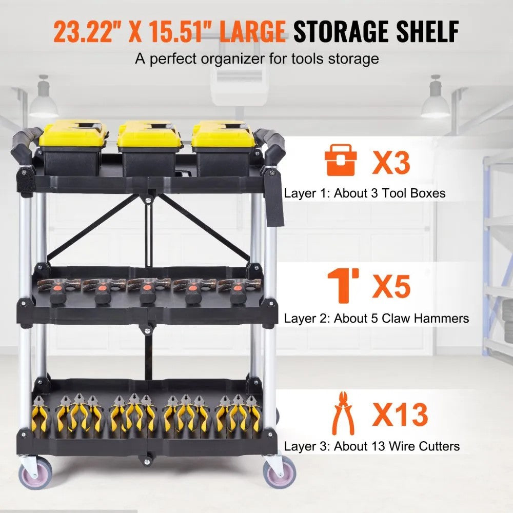 3-Tier Folding Utility Cart – Heavy Duty Rolling Service Cart (165 lbs Capacity)