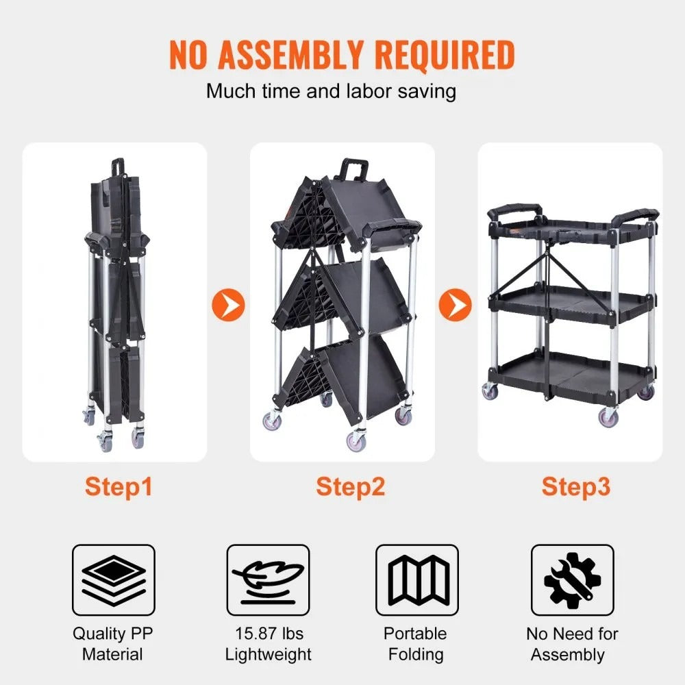 3-Tier Folding Utility Cart – Heavy Duty Rolling Service Cart (165 lbs Capacity)
