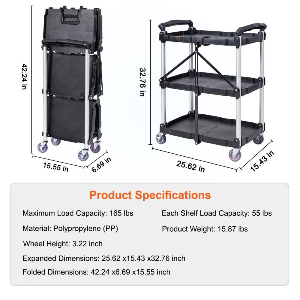 3-Tier Folding Utility Cart – Heavy Duty Rolling Service Cart (165 lbs Capacity)